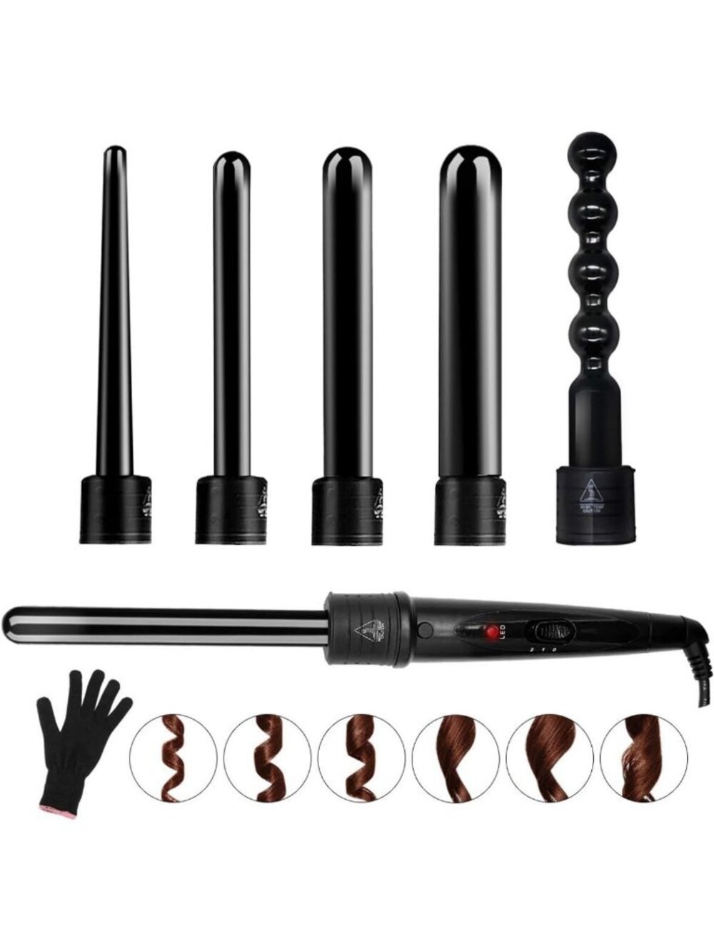 6-in-1 Curling Iron Wand Set with Ceramic Barrels & Heat Protective Glove